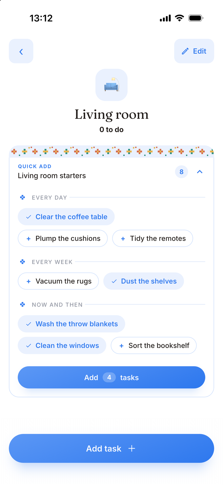 Lino quick add — ready-made room starter chores you tap to add